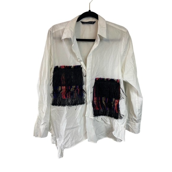 Zara asymmetric western ruffle long sleeve blouse with tassle detail size L - Picture 1 of 8